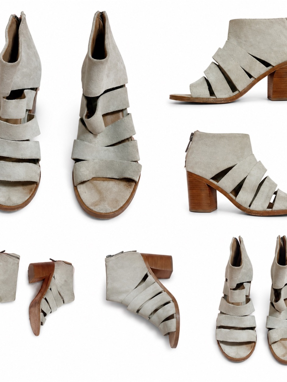 Frye Light Gray Suede Strappy Block Heel Booties